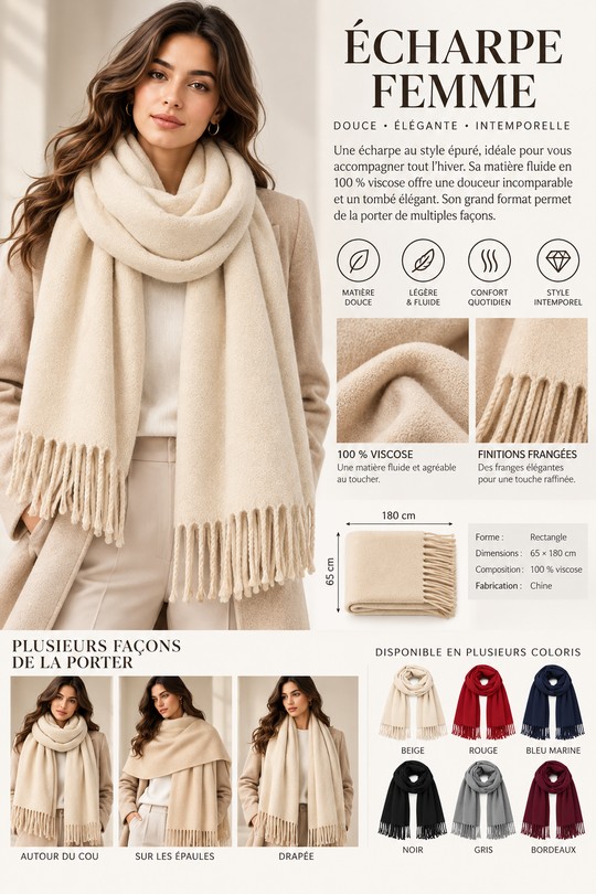 Écharpe rectangle femme en viscose – VISC-65180-BEIGE