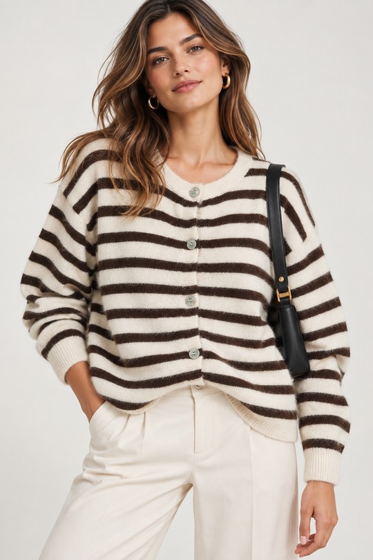 Cardigan rayé en maille douce Rom86350-BEIGE