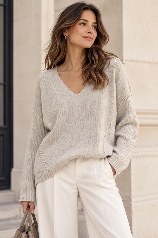 Pull en maille fine lurex à col V - N8003-BEIGE