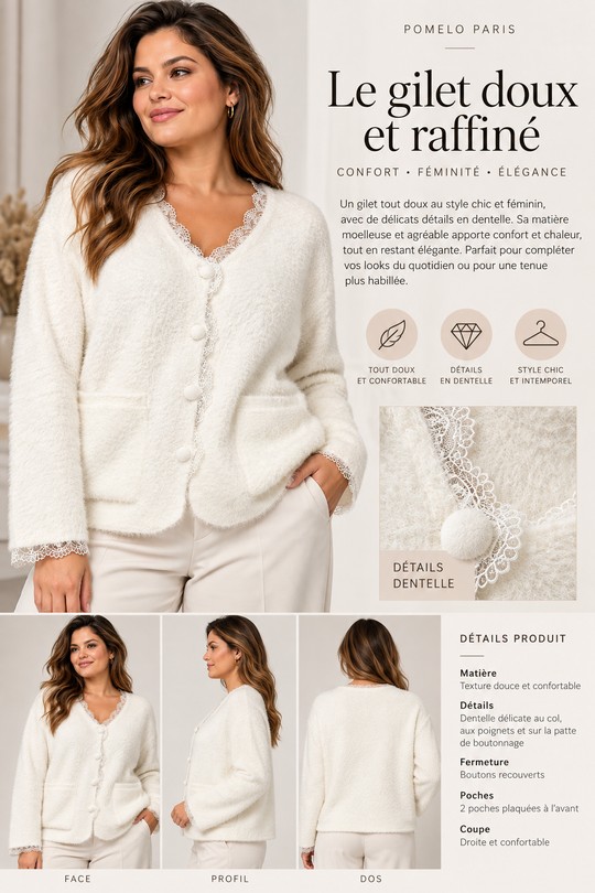 Gilet en maille douce avec détails en dentelle 2603-BLANC