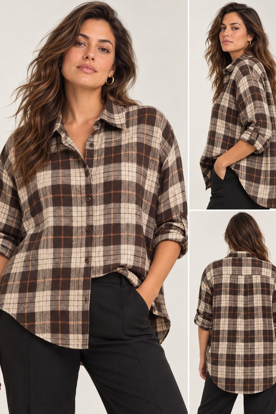 Chemise à carreaux marron, beige et taupe – Style casual chic-CHOCOLAT