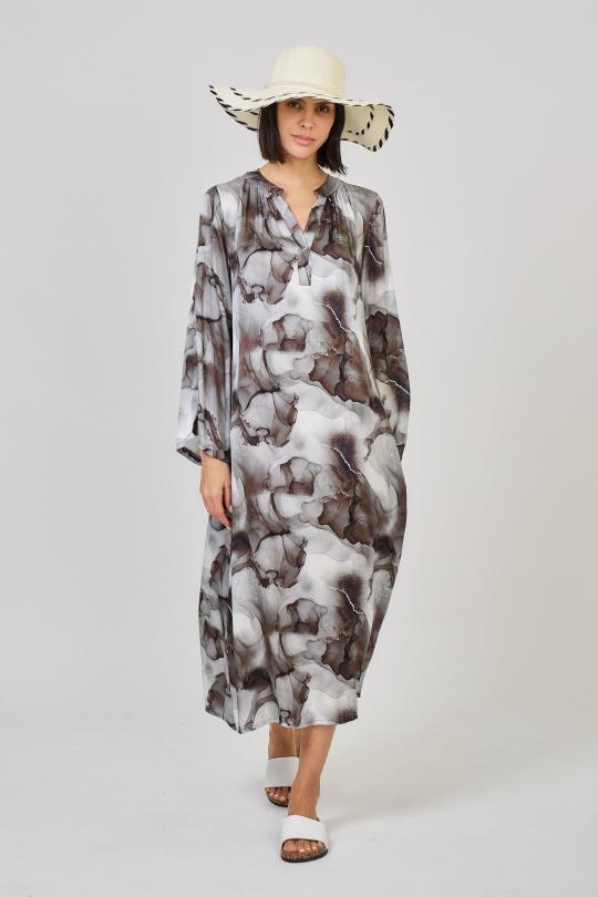 ROBE LONGUE IMPRIMÉE EN SOIE MÉLANGÉE7126-NOIR