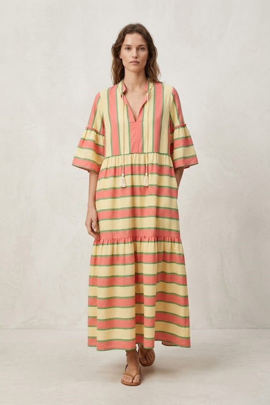 Robe longue rayée en coton mélangee 26388-CORAIL