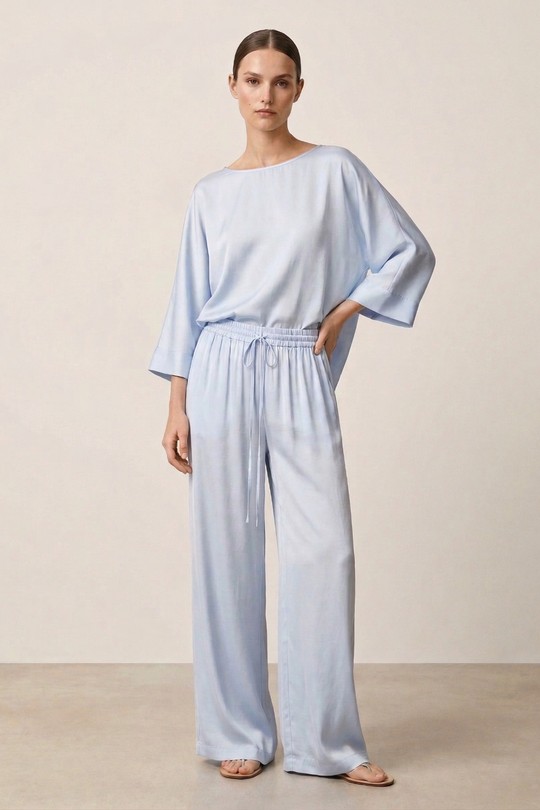 Pantalon fluide satiné 34225-BLEU CIEL