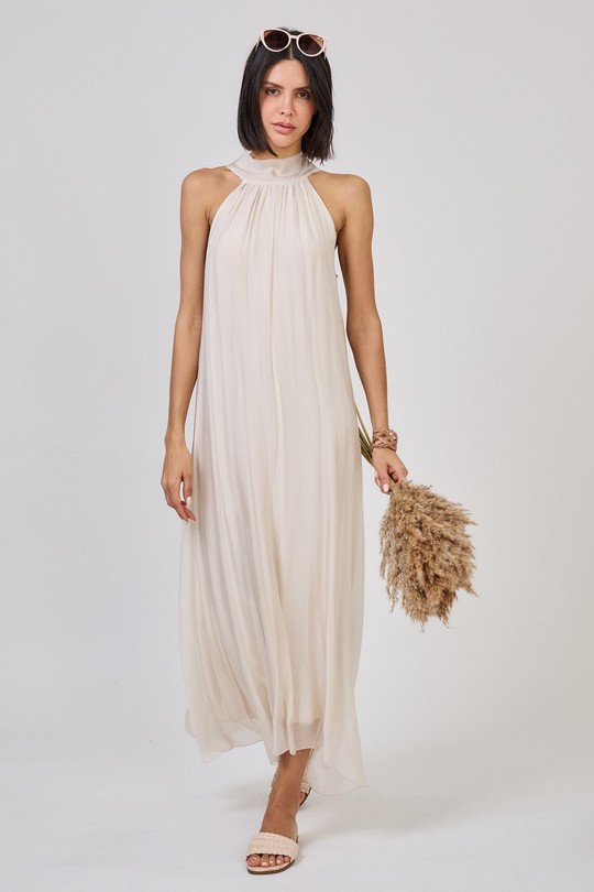 Robe longue fluide en soie vaporeuse 30400-ECRU