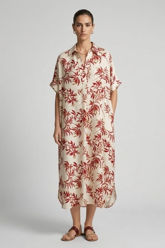 Robe chemise longue imprimé tropical 34186-ROUGE