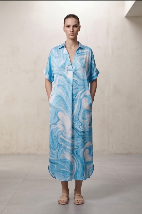 Robe chemise fluide imprimé marbré 34186-BLEU CIEL
