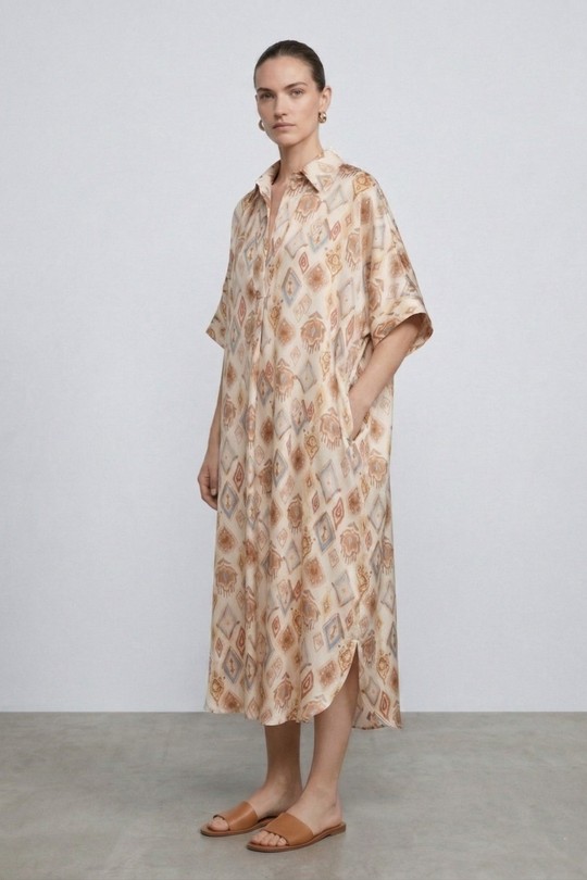 Robe chemise fluide imprimé géométrique 34186-BEIGE