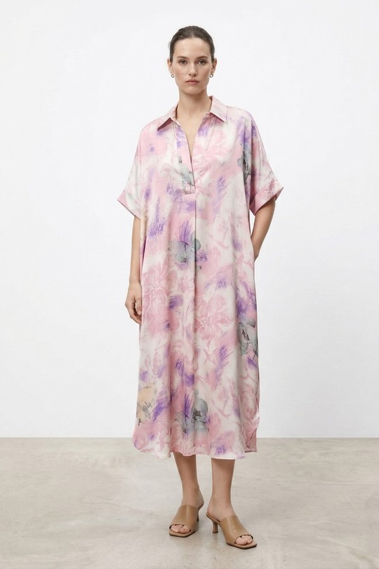 Robe chemise fluide imprimé floral pastel 34186-ROSE