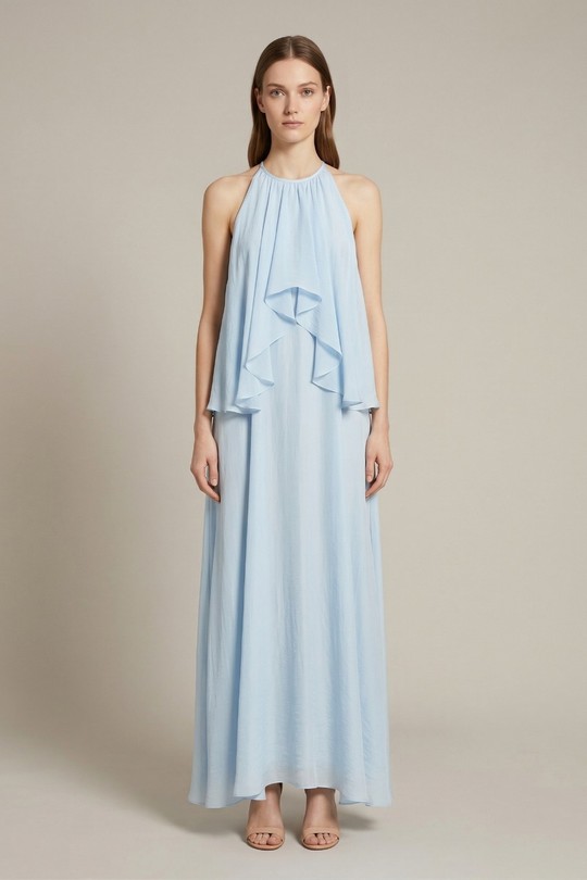 Robe longue en soie vaporeuse doublée 32248-BLEU CIEL
