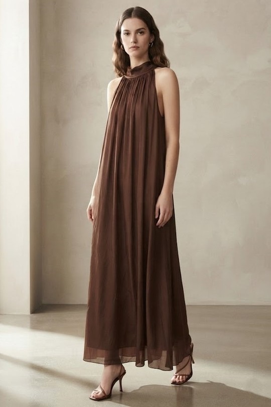 Robe longue en soie vaporeuse 30400-CHOCO